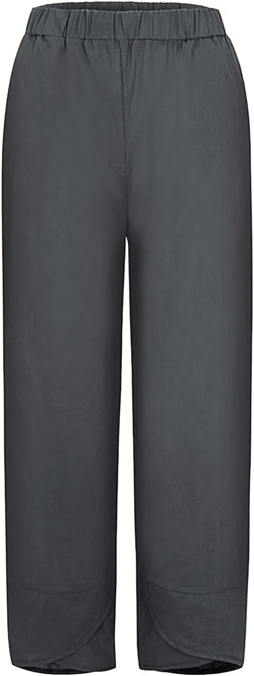 Women's Pants Casual Summer Elastic High Waist Linen Pants Straight Leg Wide Leg Cropped Pants Yoga Pants Plus
