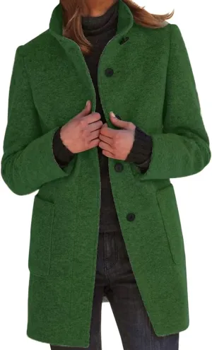 Womens Pea Coat Thicken Stand Collar Single Breasted Peacoat Wool Blend Trench Coat Casual Winter Jacket with Pocket