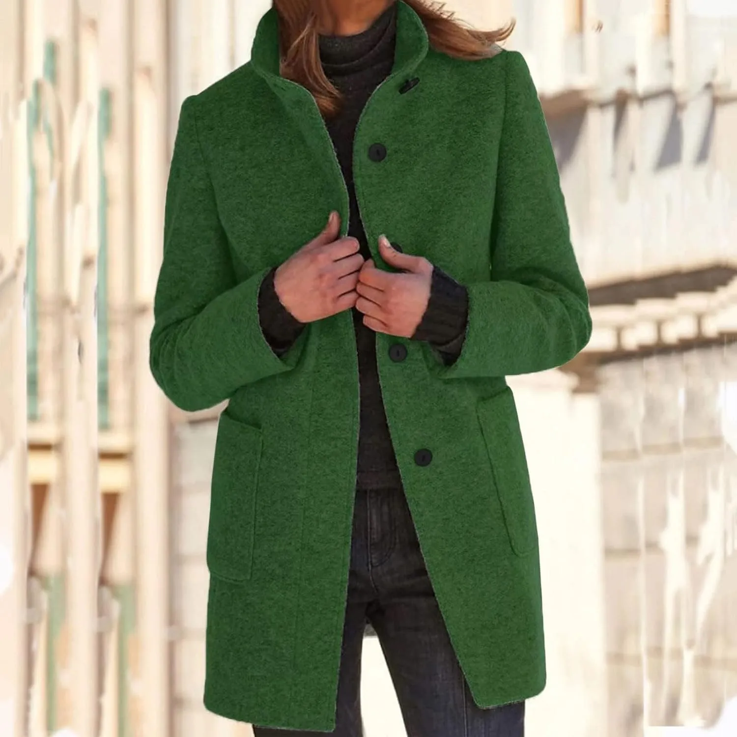 Womens Pea Coat Thicken Stand Collar Single Breasted Peacoat Wool Blend Trench Coat Casual Winter Jacket with Pocket
