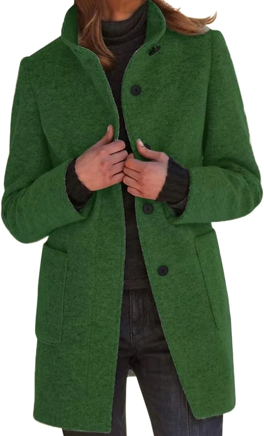 Womens Pea Coat Thicken Stand Collar Single Breasted Peacoat Wool Blend Trench Coat Casual Winter Jacket with Pocket