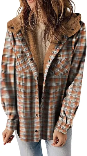 Womens Plaid Fleece Shacket Long Sleeve Button Down Sherpa Lined Hooded Jackets Fashion Loose Warm Coat with Pockets