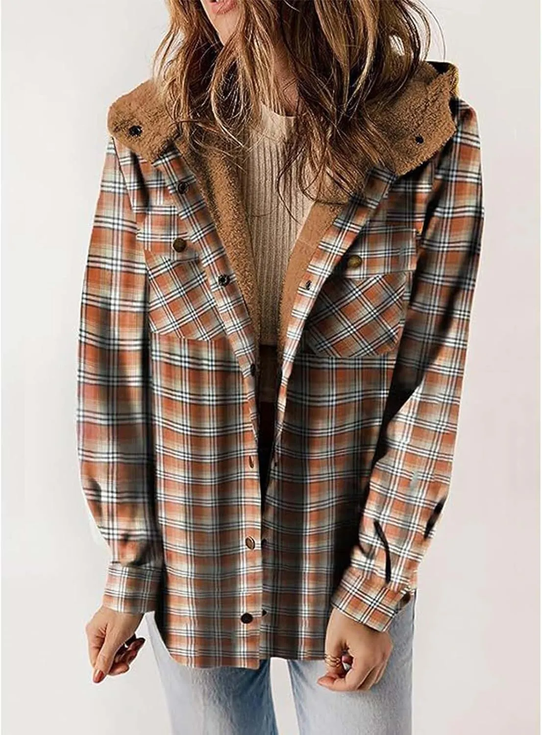 Womens Plaid Fleece Shacket Long Sleeve Button Down Sherpa Lined Hooded Jackets Fashion Loose Warm Coat with Pockets