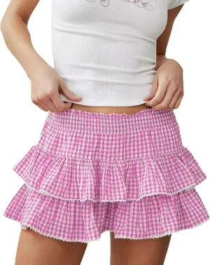Womens Plaid Mini Skirt Unisex Men Sissy Pleated Lace A Line Ruffle Tiered Short Skirts Halloween Costume Cosplay