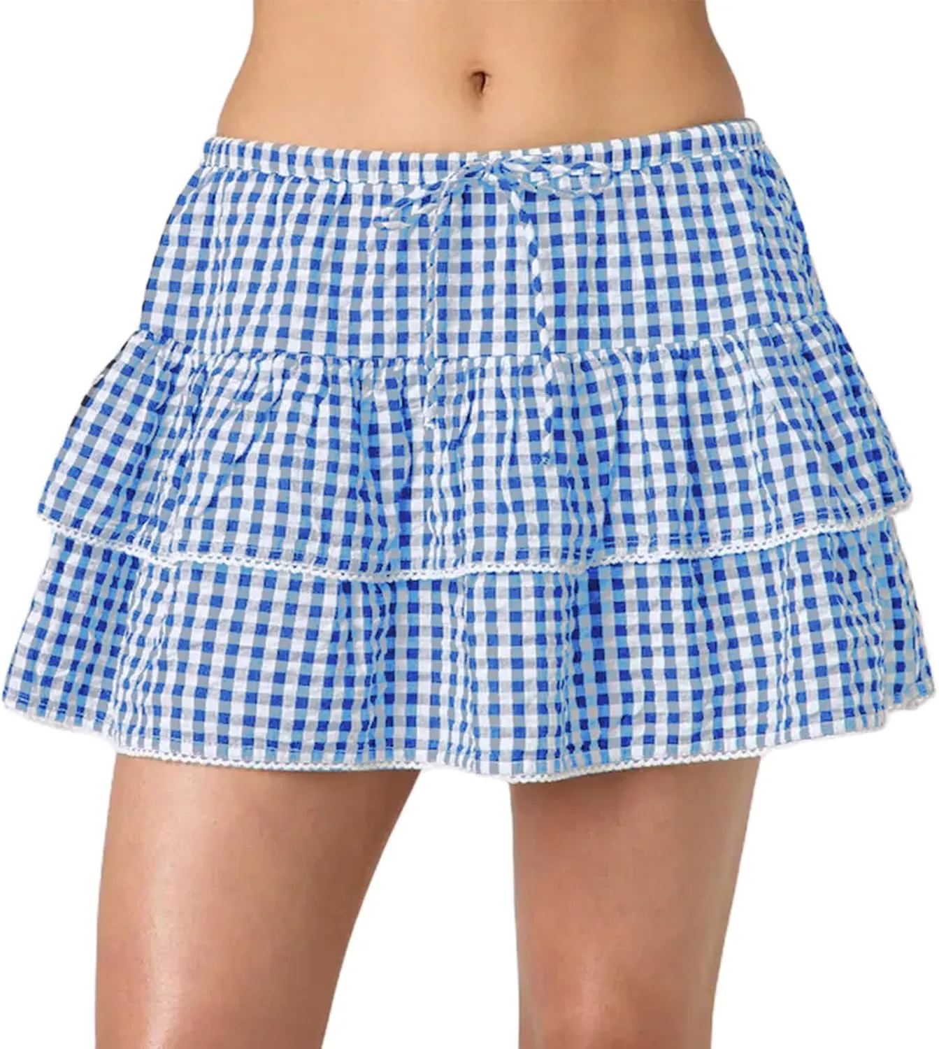 Womens Plaid Mini Skirt Unisex Men Sissy Pleated Lace A Line Ruffle Tiered Short Skirts Halloween Costume Cosplay