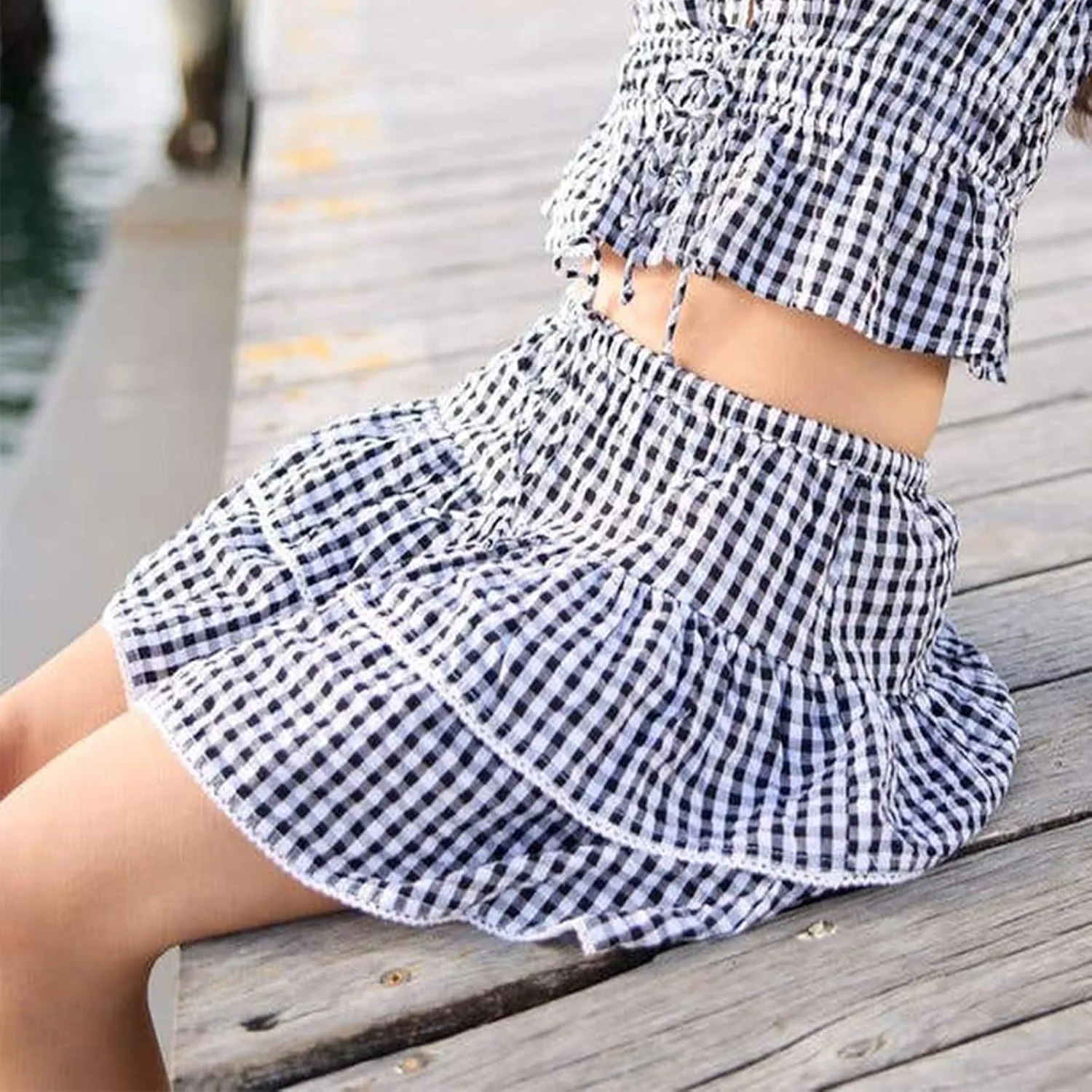 Womens Plaid Mini Skirt Unisex Men Sissy Pleated Lace A Line Ruffle Tiered Short Skirts Halloween Costume Cosplay