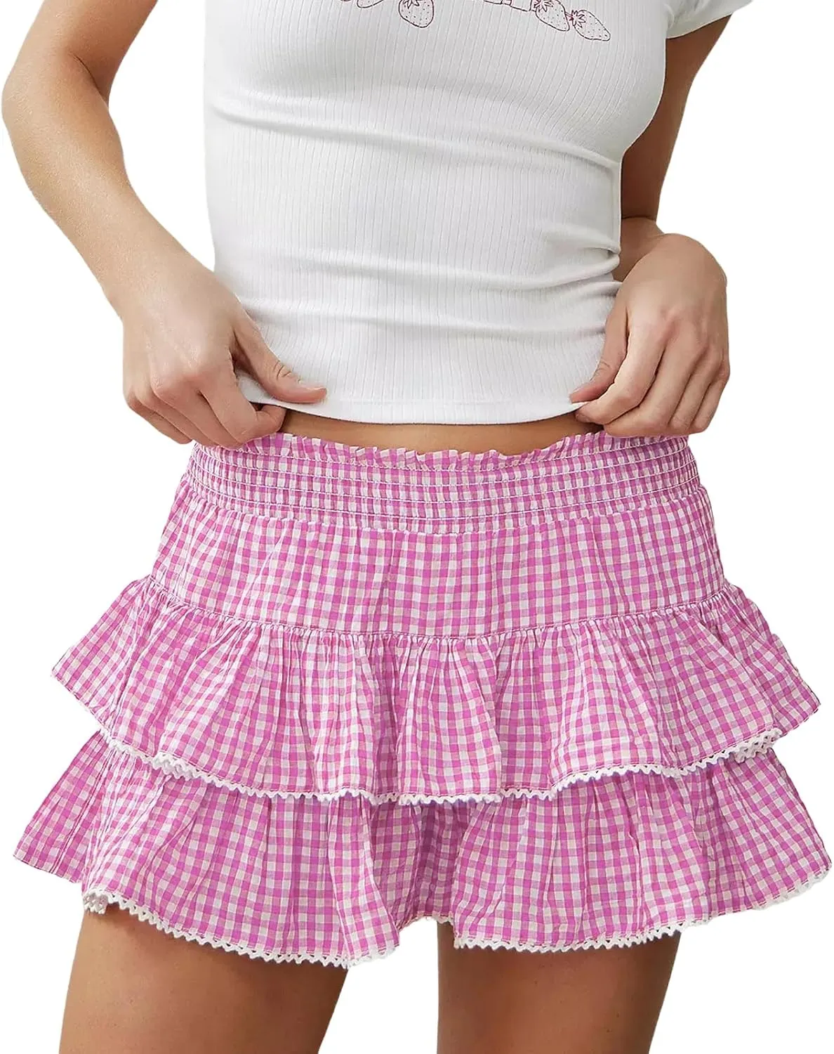 Womens Plaid Mini Skirt Unisex Men Sissy Pleated Lace A Line Ruffle Tiered Short Skirts Halloween Costume Cosplay