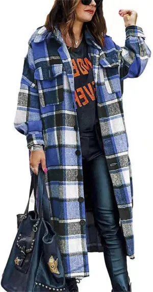 Women's Plaid Shacket Jacket Long Sleeve Flannel Long Shirt Coat Lapel Button Up Lounge Tartan Outerwear with Pockets