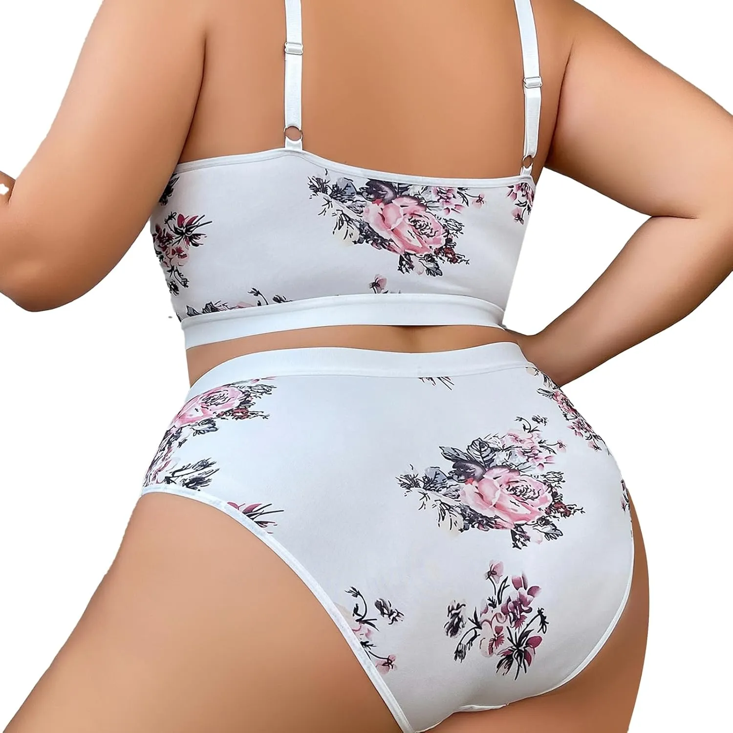 Womens Plus Size 2 Piece Lingerie Set Floral Sexy Mesh Sheer V Neck 3/4 Cup Lace Outfits See Through Panty Bra