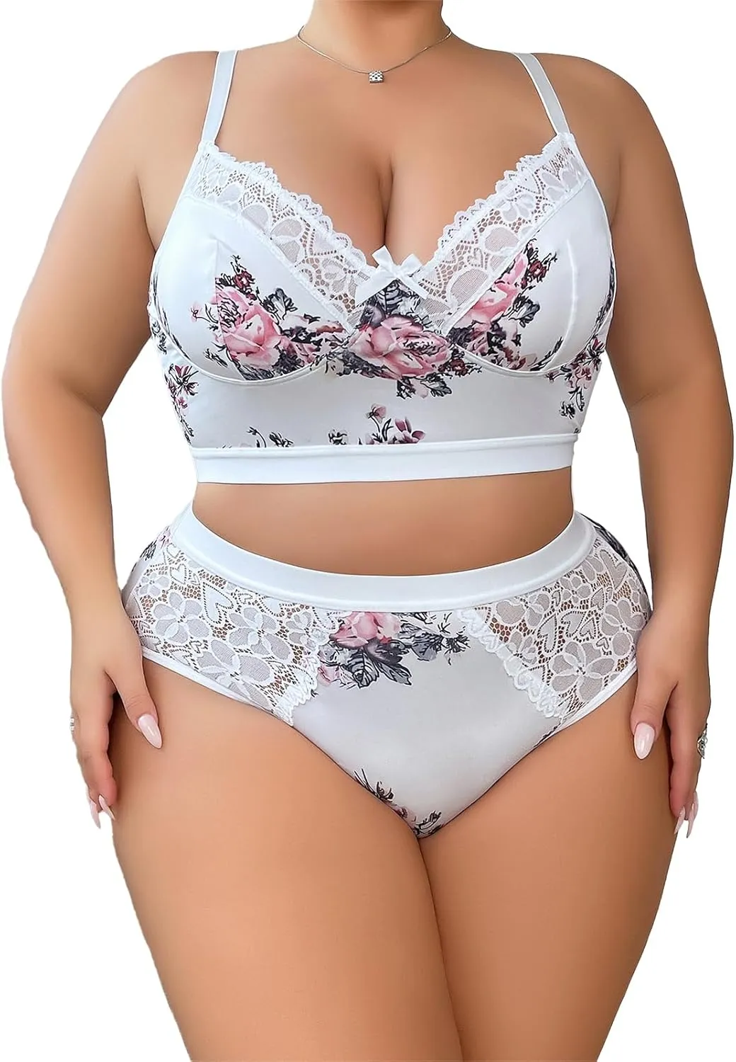 Womens Plus Size 2 Piece Lingerie Set Floral Sexy Mesh Sheer V Neck 3/4 Cup Lace Outfits See Through Panty Bra