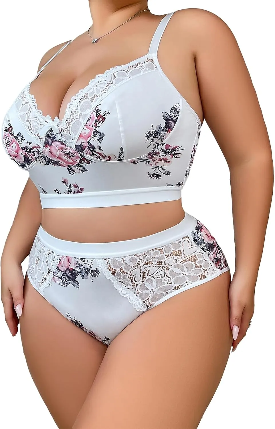Womens Plus Size 2 Piece Lingerie Set Floral Sexy Mesh Sheer V Neck 3/4 Cup Lace Outfits See Through Panty Bra