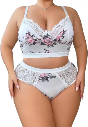 Womens Plus Size 2 Piece Lingerie Set Floral Sexy Mesh Sheer V Neck 3/4 Cup Lace Outfits See Through Panty Bra
