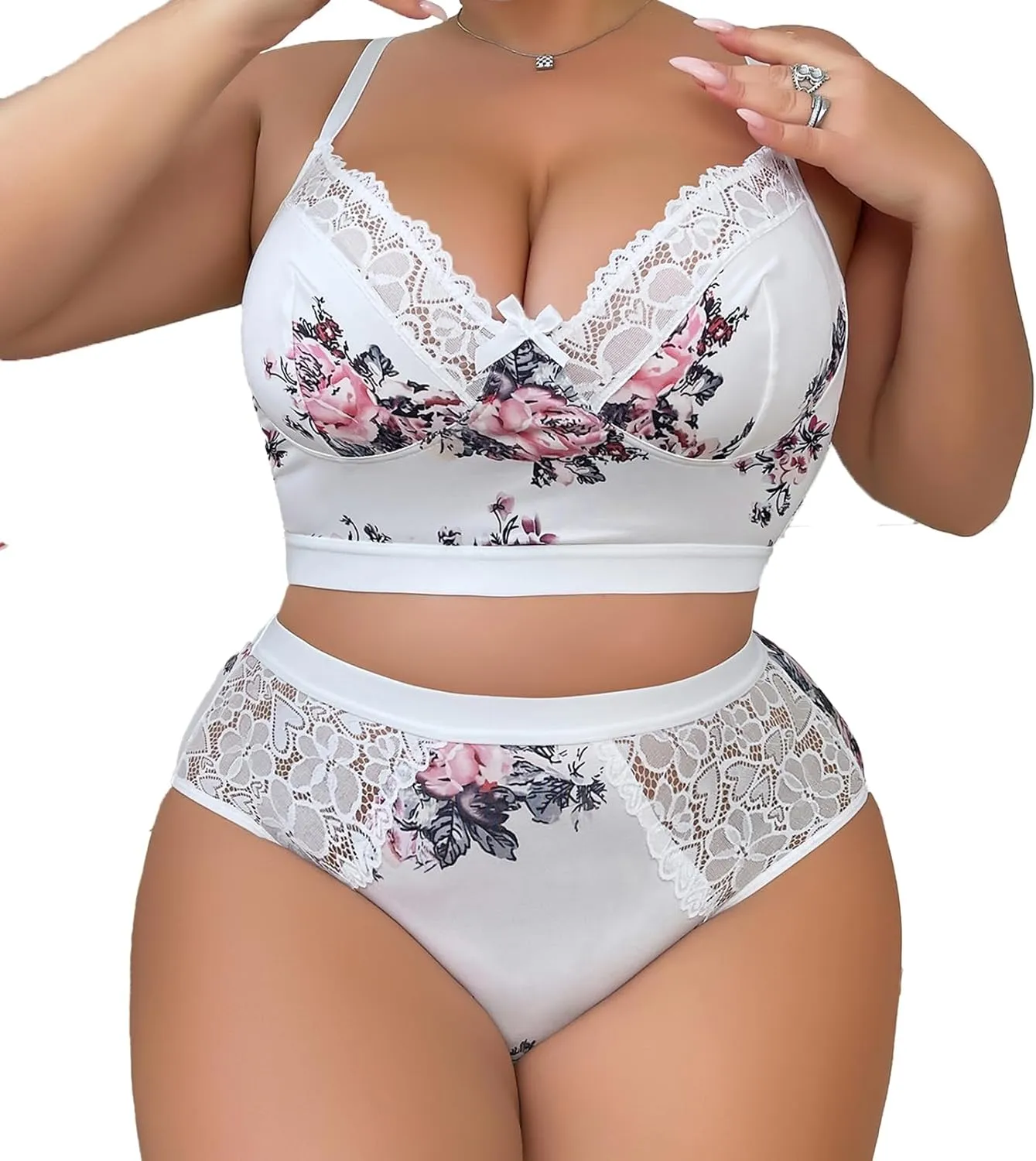 Womens Plus Size 2 Piece Lingerie Set Floral Sexy Mesh Sheer V Neck 3/4 Cup Lace Outfits See Through Panty Bra
