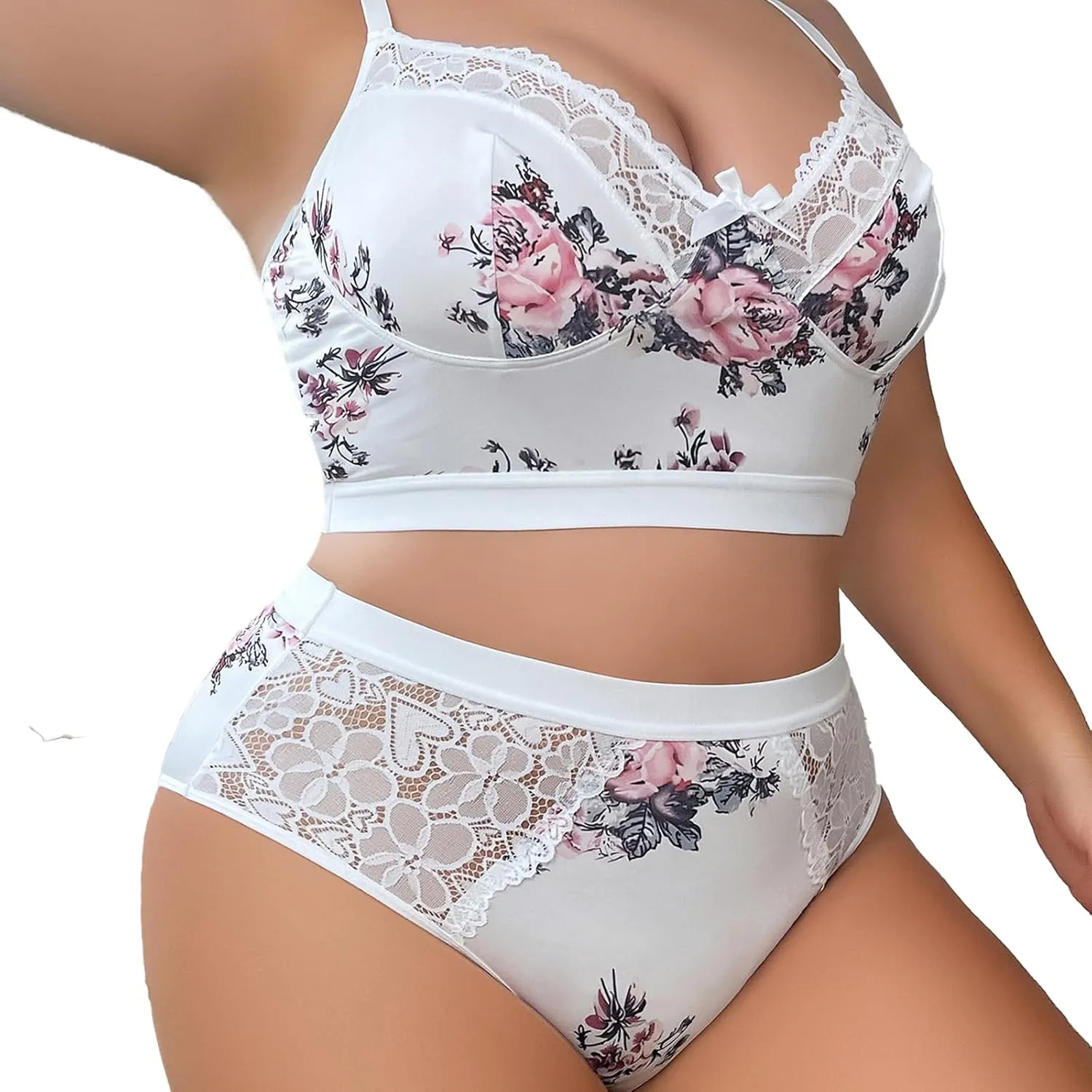 Womens Plus Size 2 Piece Lingerie Set Floral Sexy Mesh Sheer V Neck 3/4 Cup Lace Outfits See Through Panty Bra