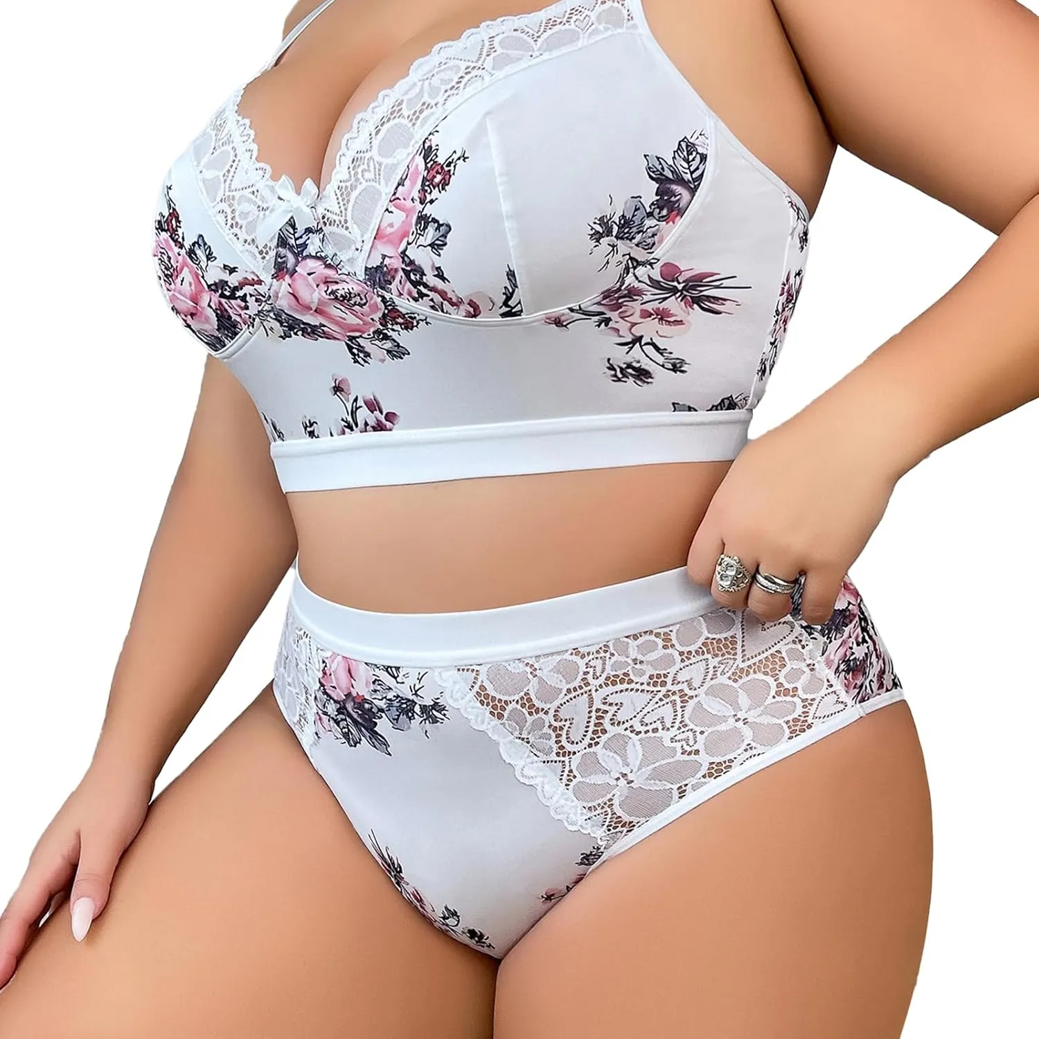 Womens Plus Size 2 Piece Lingerie Set Floral Sexy Mesh Sheer V Neck 3/4 Cup Lace Outfits See Through Panty Bra