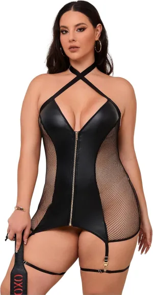 Women’s Plus Size Lingerie Set Leather Lingerie with Garter Set Sexy Sheer Babydoll Faux Leather Bodycon Dress