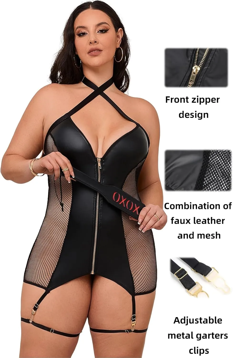 Women’s Plus Size Lingerie Set Leather Lingerie with Garter Set Sexy Sheer Babydoll Faux Leather Bodycon Dress