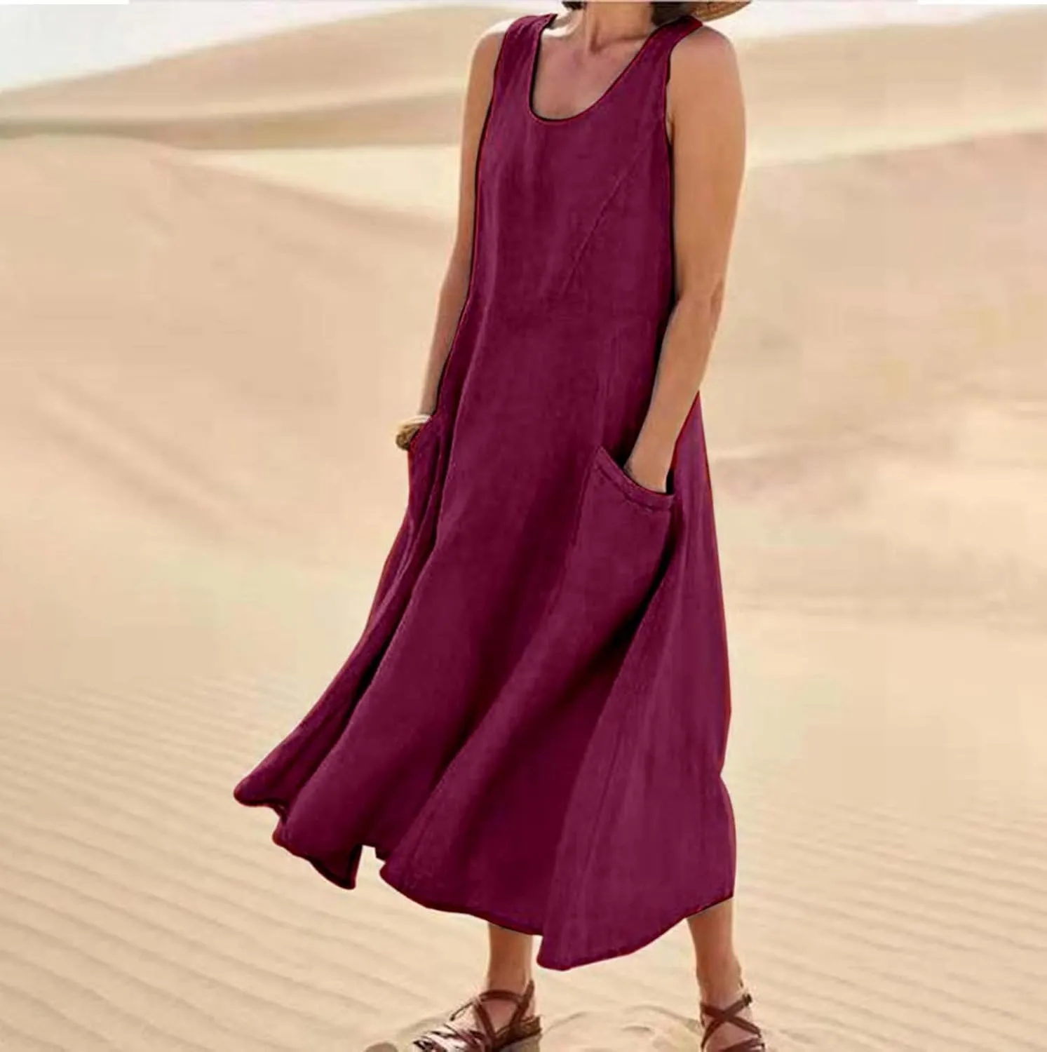 Women's Plus Size Summer Dresses Cotton Linen Casual Loose Dress with Pockets Flowy Beach Vacation Sundresses