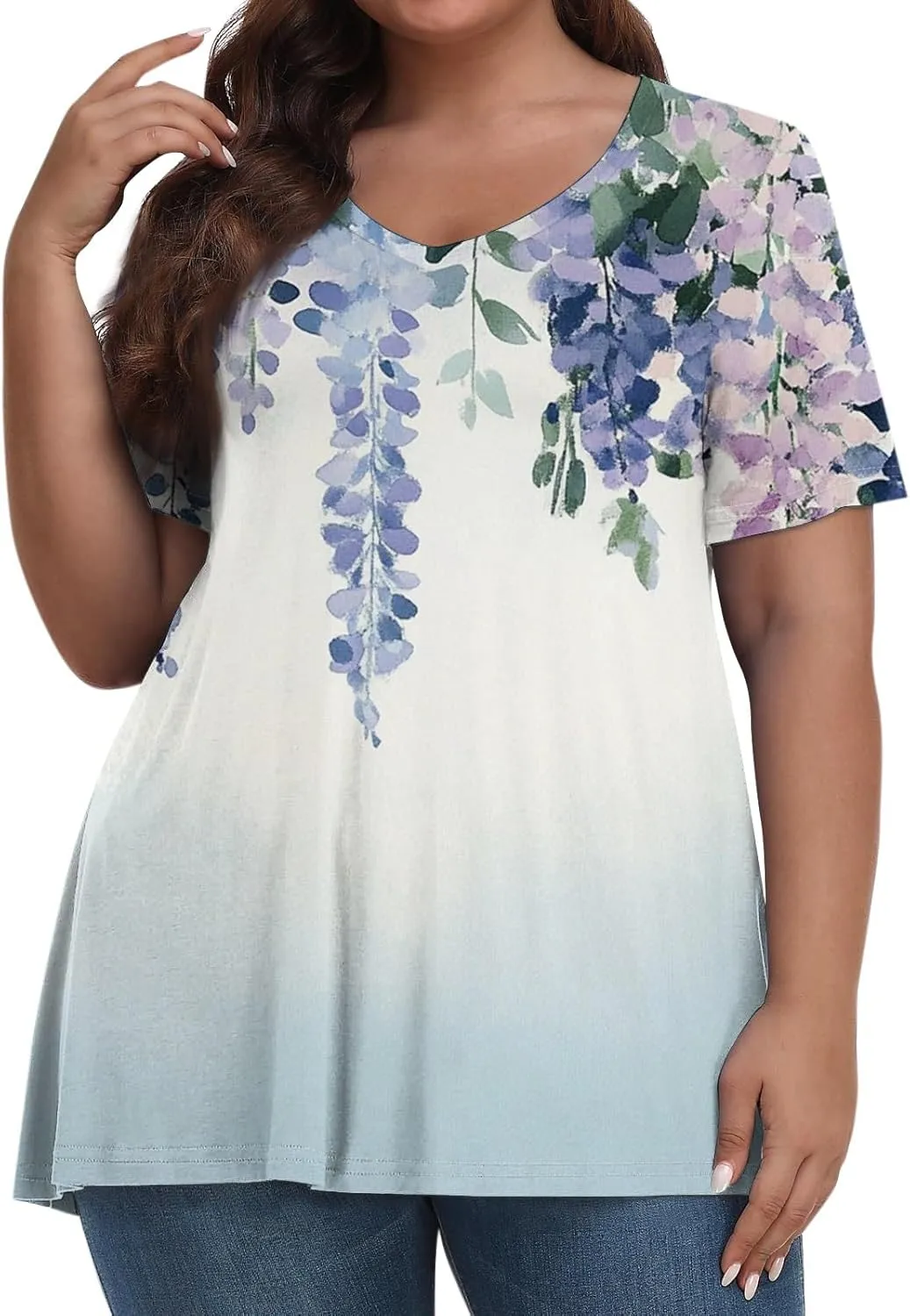 Womens Plus Size V Neck T Shirts 2025 Summer Short Sleeve Tee Blouses Casual Loose Fit Cotton Tunic Tops Floral Print