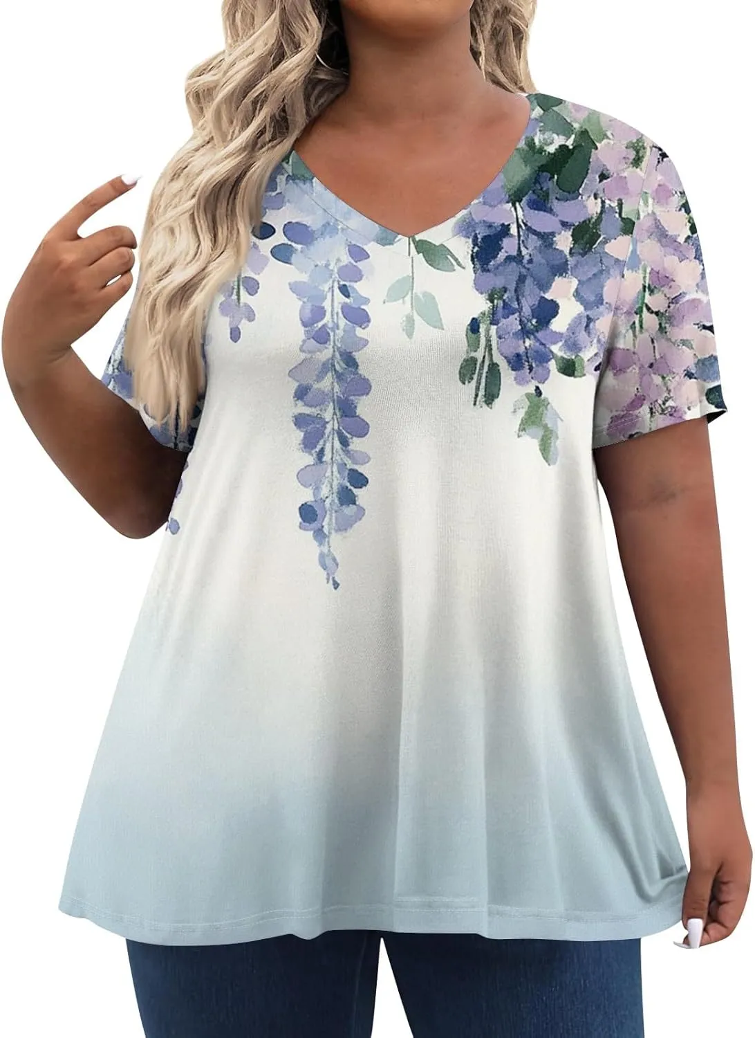 Womens Plus Size V Neck T Shirts 2025 Summer Short Sleeve Tee Blouses Casual Loose Fit Cotton Tunic Tops Floral Print