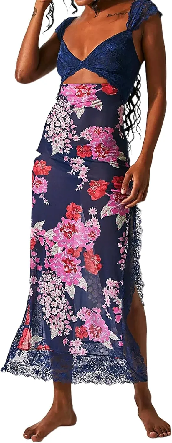 Women's Printed Backless Bodycon Maxi Dress Sleeveless Lace Patchwork Dress Y2K Spaghetti Strap Long Dress