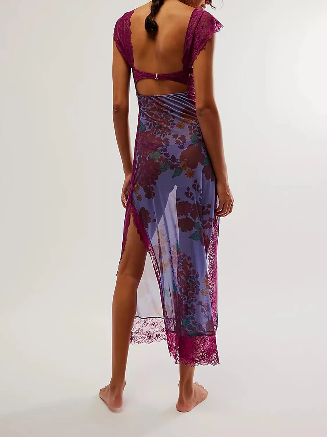 Women's Printed Backless Bodycon Maxi Dress Sleeveless Lace Patchwork Dress Y2K Spaghetti Strap Long Dress