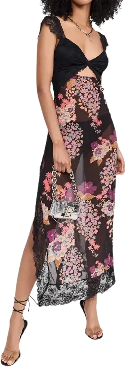Women's Printed Backless Bodycon Maxi Dress Sleeveless Lace Patchwork Dress Y2K Spaghetti Strap Long Dress