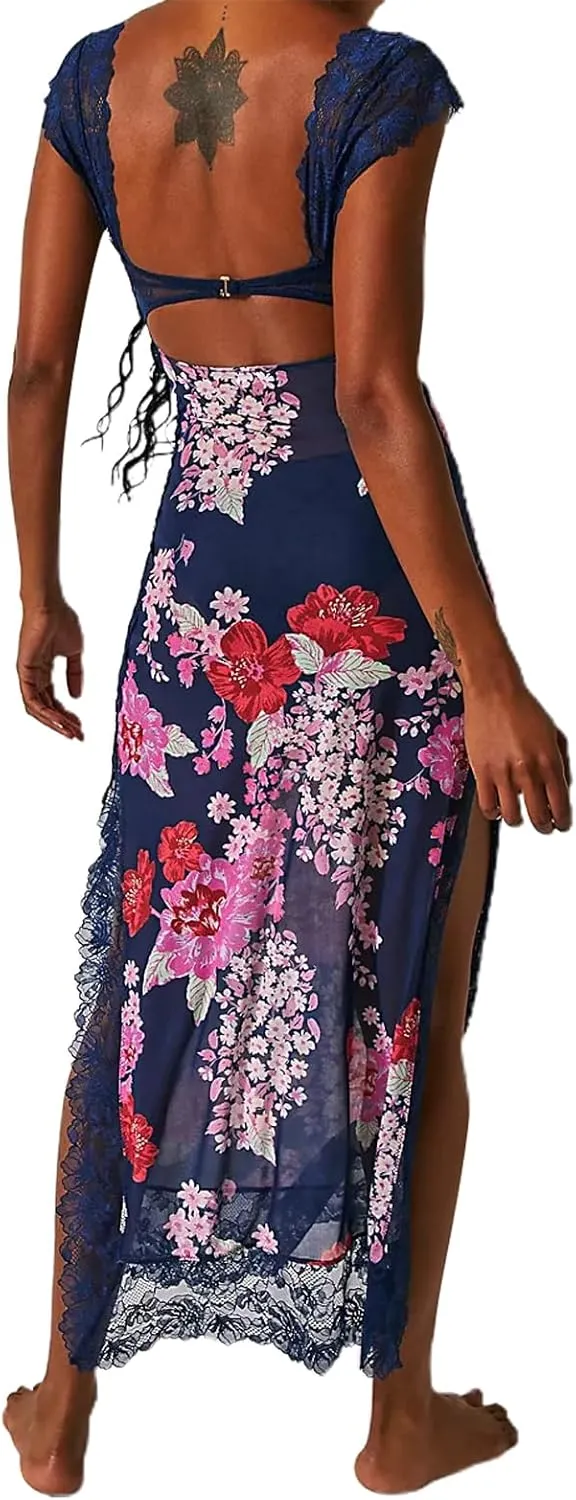 Women's Printed Backless Bodycon Maxi Dress Sleeveless Lace Patchwork Dress Y2K Spaghetti Strap Long Dress