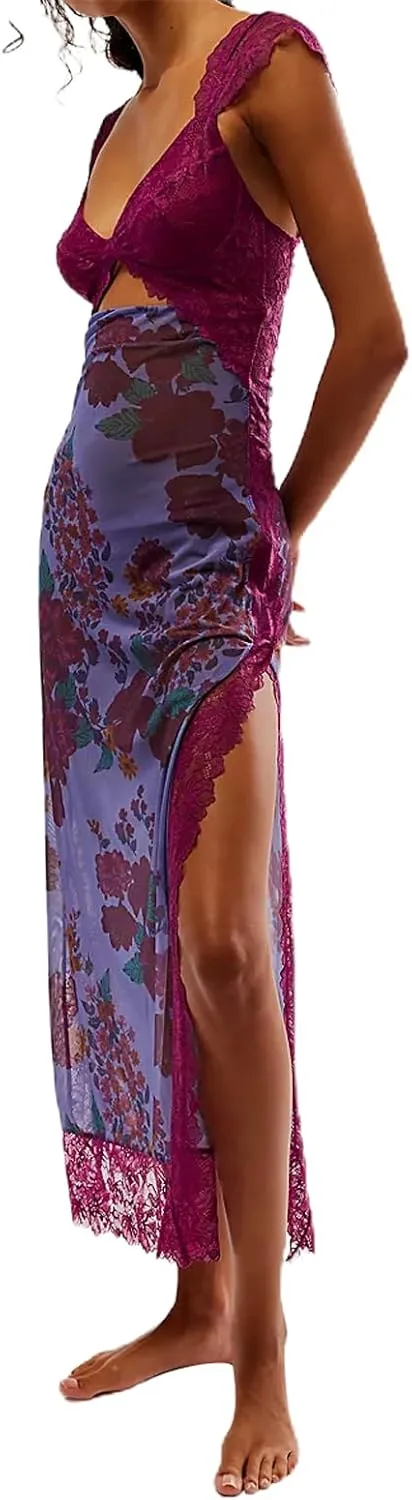 Women's Printed Backless Bodycon Maxi Dress Sleeveless Lace Patchwork Dress Y2K Spaghetti Strap Long Dress