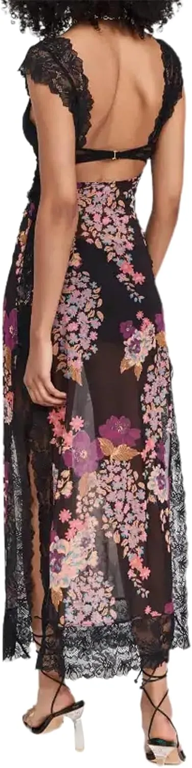 Women's Printed Backless Bodycon Maxi Dress Sleeveless Lace Patchwork Dress Y2K Spaghetti Strap Long Dress