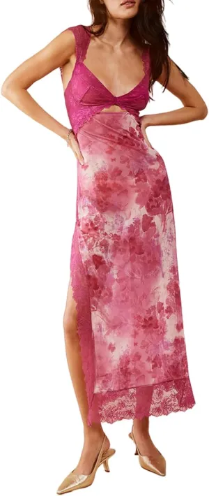 Women's Printed Backless Bodycon Maxi Dress Sleeveless Lace Patchwork Dress Y2K Spaghetti Strap Long Dress