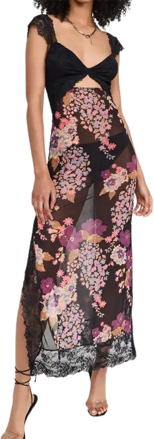 Women's Printed Backless Bodycon Maxi Dress Sleeveless Lace Patchwork Dress Y2K Spaghetti Strap Long Dress