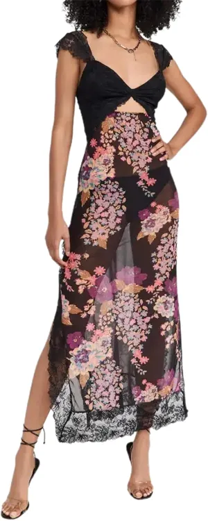 Women's Printed Backless Bodycon Maxi Dress Sleeveless Lace Patchwork Dress Y2K Spaghetti Strap Long Dress