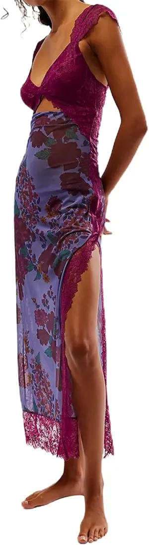 Women's Printed Backless Bodycon Maxi Dress Sleeveless Lace Patchwork Dress Y2K Spaghetti Strap Long Dress