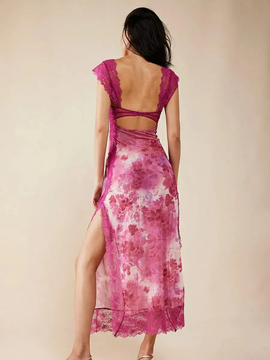 Women's Printed Backless Bodycon Maxi Dress Sleeveless Lace Patchwork Dress Y2K Spaghetti Strap Long Dress