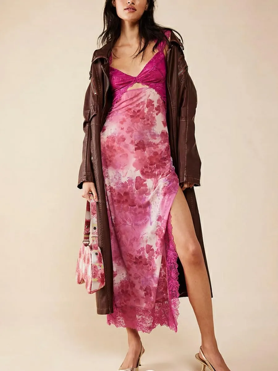 Women's Printed Backless Bodycon Maxi Dress Sleeveless Lace Patchwork Dress Y2K Spaghetti Strap Long Dress