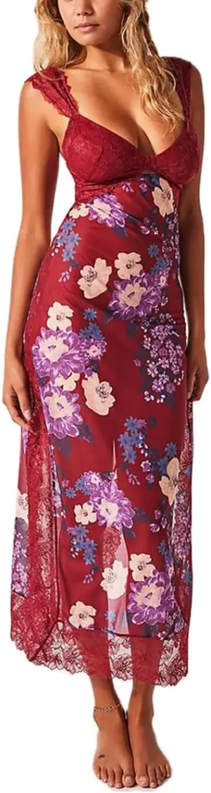 Women's Printed Backless Bodycon Maxi Dress Sleeveless Lace Patchwork Dress Y2K Spaghetti Strap Long Dress
