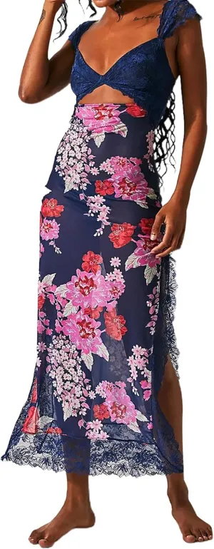 Women's Printed Backless Bodycon Maxi Dress Sleeveless Lace Patchwork Dress Y2K Spaghetti Strap Long Dress
