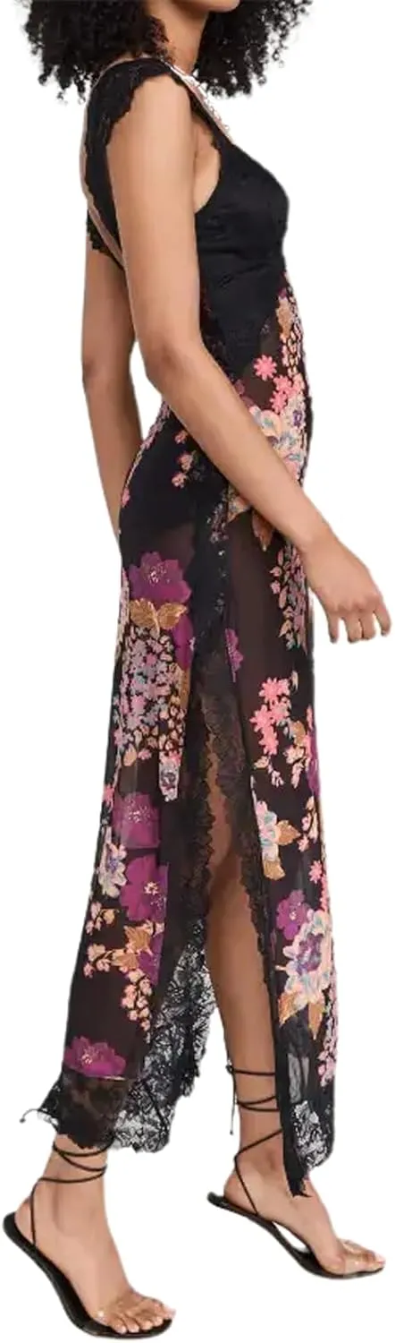 Women's Printed Backless Bodycon Maxi Dress Sleeveless Lace Patchwork Dress Y2K Spaghetti Strap Long Dress