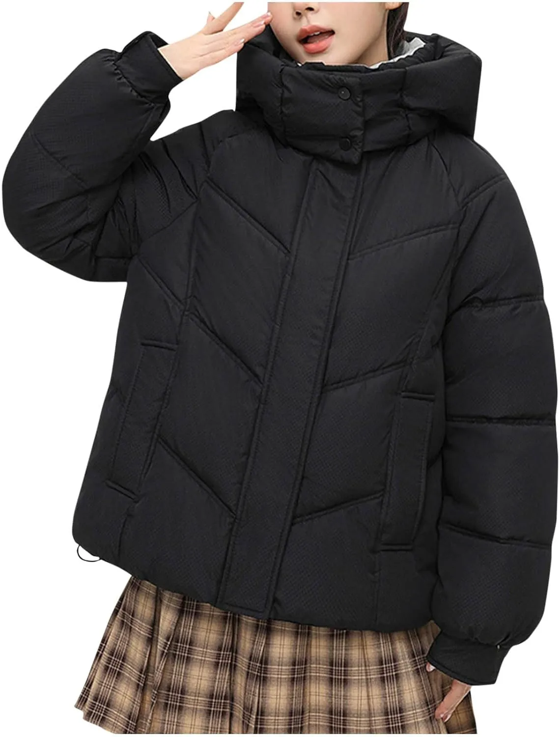 Women's Puffer Jacket Cowl Neck Down Coat Loose Hooded Quilted Padded Jackets Winter Warm Casual Outwear Outfit