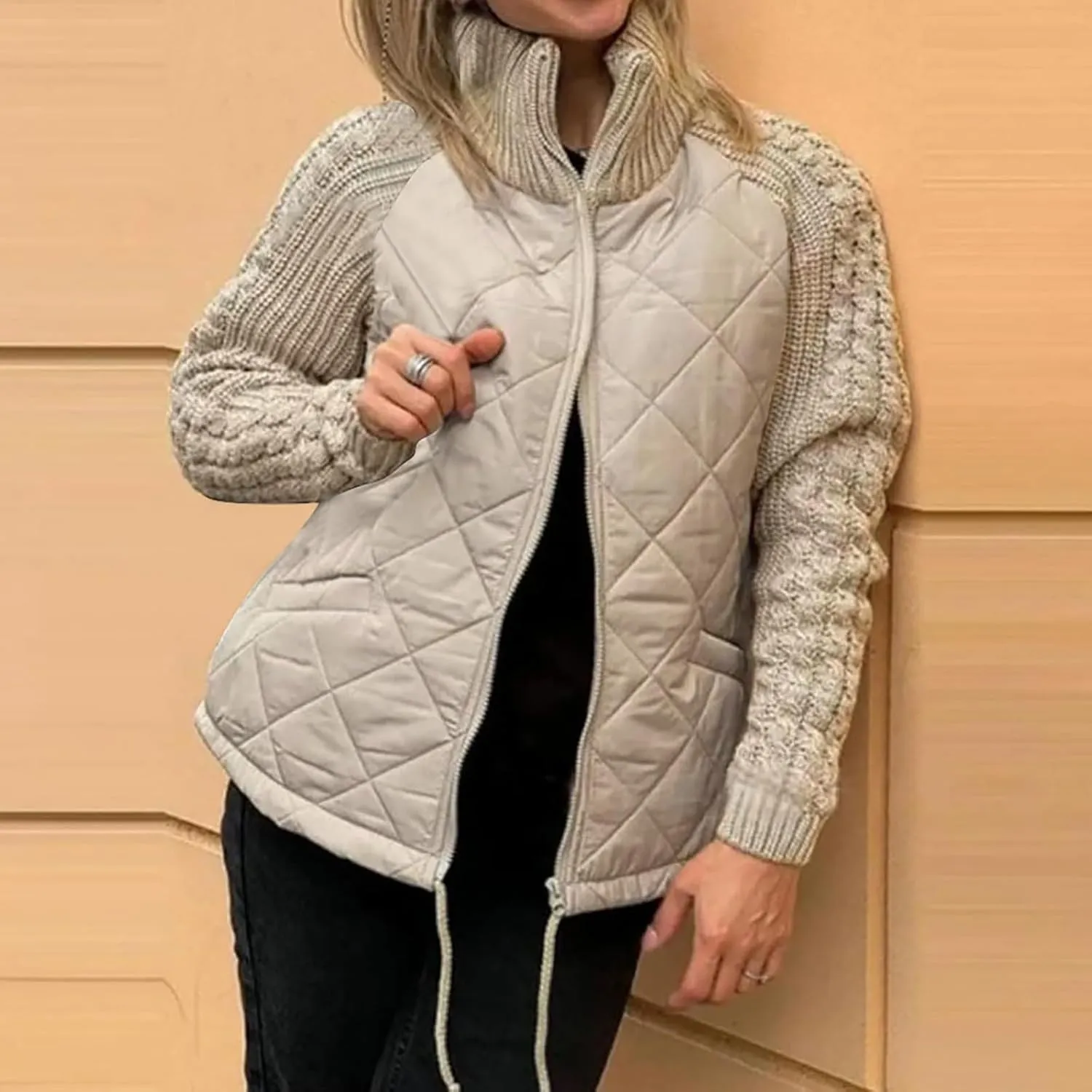 Womens Puffer Jacket Lightweight Knit Patchwork Zip Up Long Sleeve Quilted Jackets Warm Winter Outerwear 2024