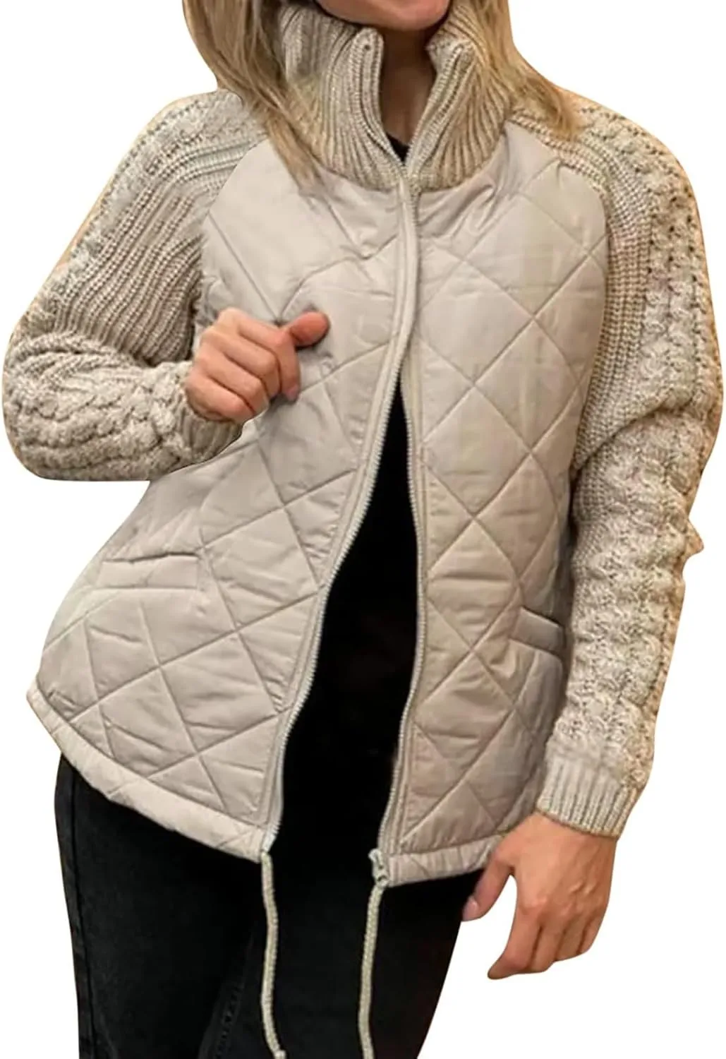 Womens Puffer Jacket Lightweight Knit Patchwork Zip Up Long Sleeve Quilted Jackets Warm Winter Outerwear 2024