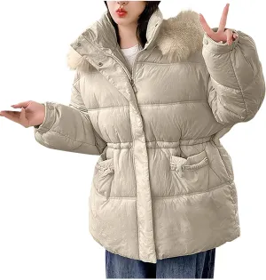 Womens Puffer Jackets Oversized Full Zipped Down Coats Casual Padded Quilted Jacket Winter Outerwear with Fur Hood