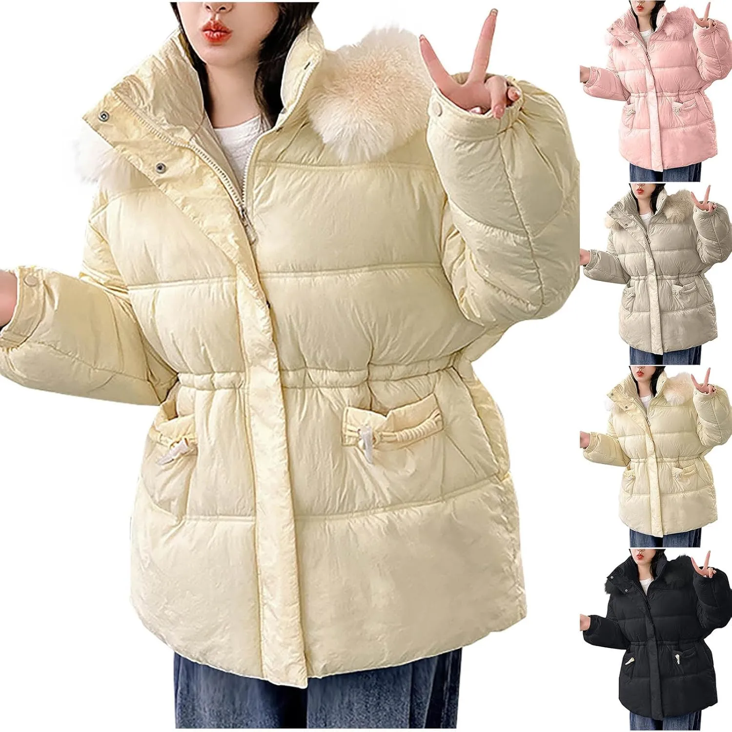Womens Puffer Jackets Oversized Full Zipped Down Coats Casual Padded Quilted Jacket Winter Outerwear with Fur Hood