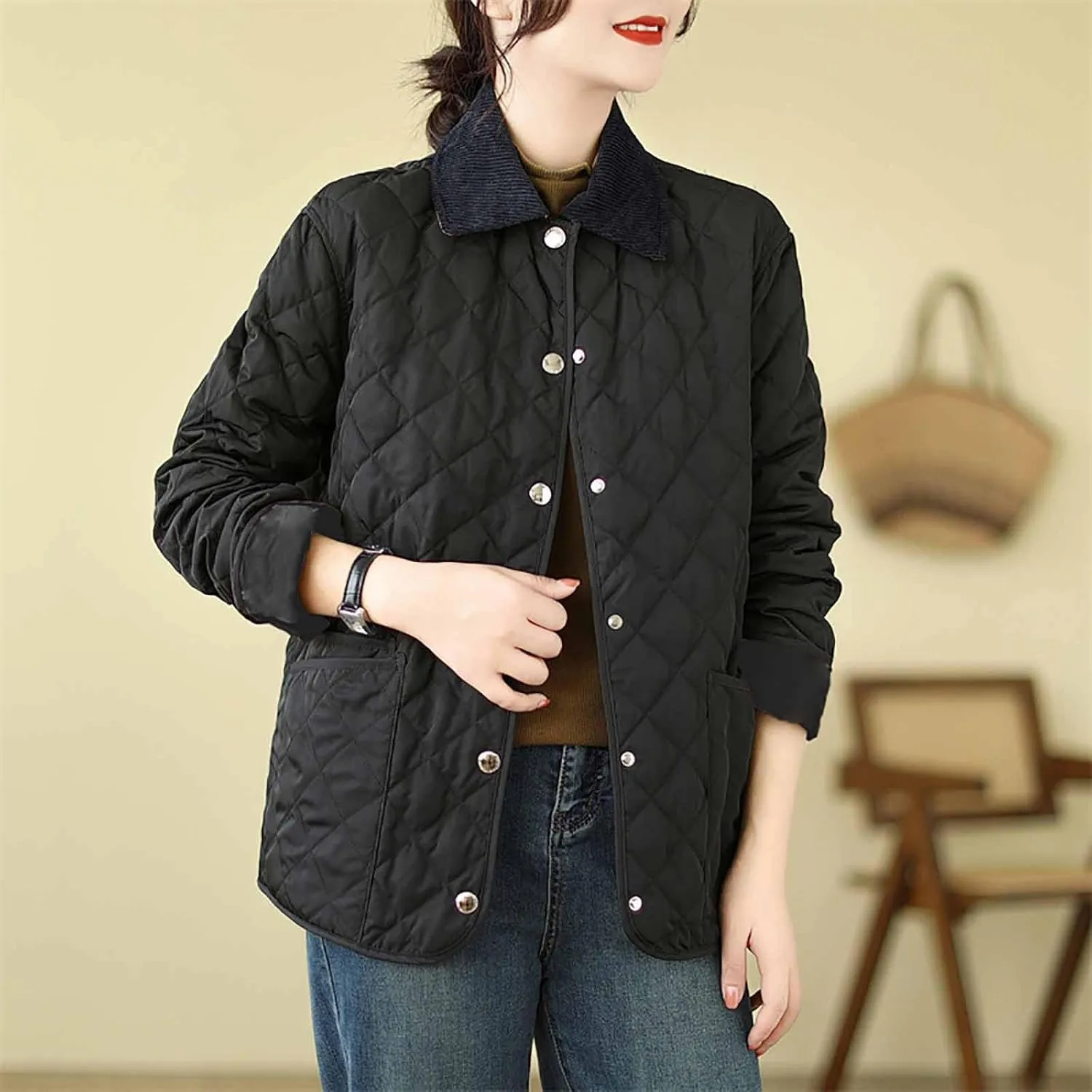 Womens Quilted Jackets Thicken Lightweight Puffer Jackets Winter Coats Warm Winter Coats Casual Lapel Parkas Down Coats