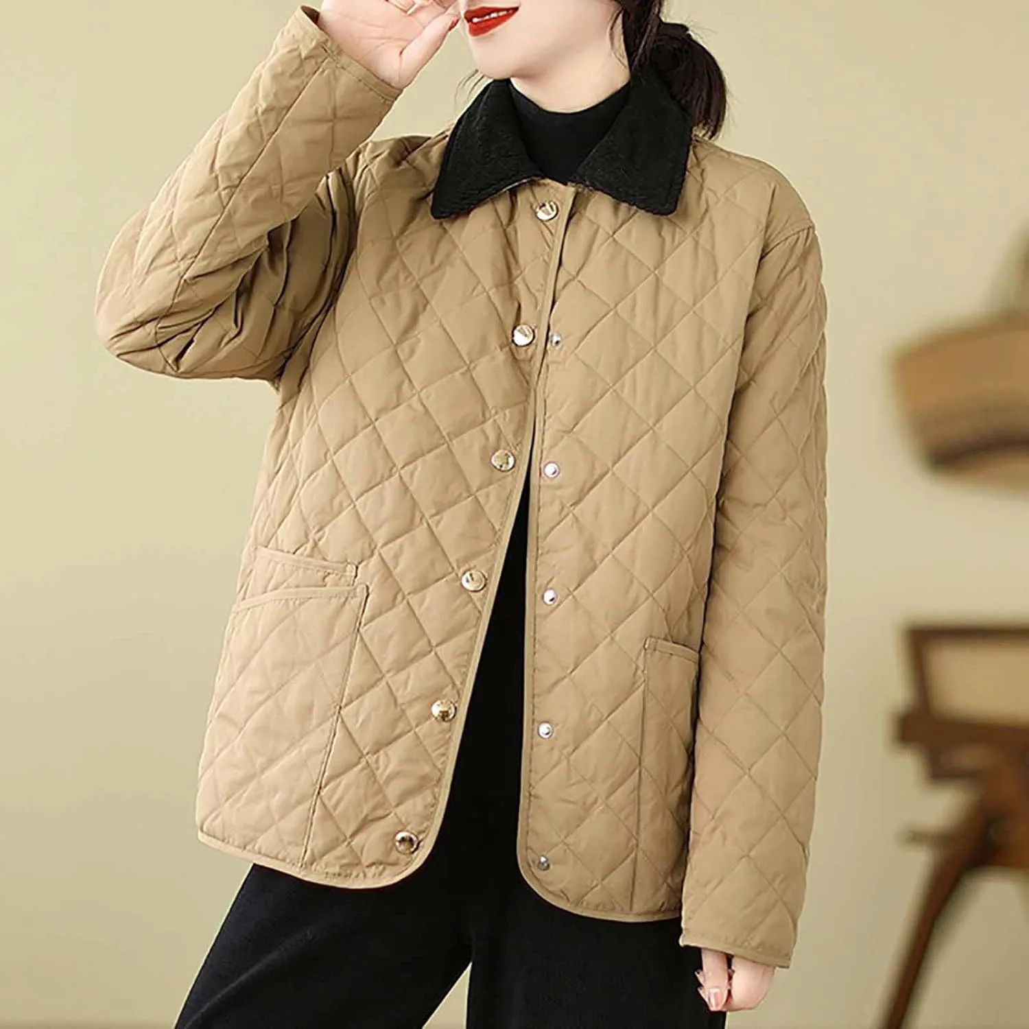 Womens Quilted Jackets Thicken Lightweight Puffer Jackets Winter Coats Warm Winter Coats Casual Lapel Parkas Down Coats