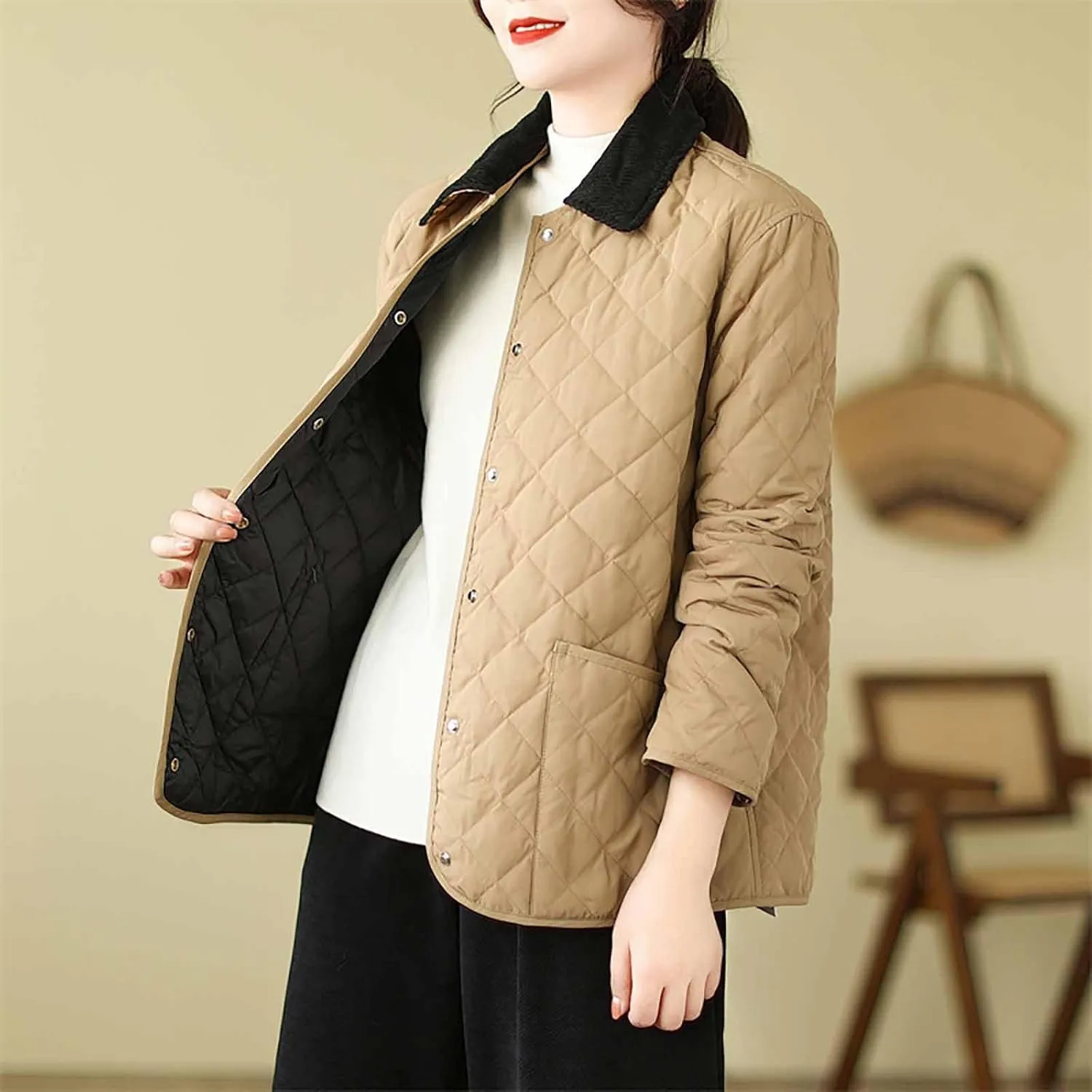 Womens Quilted Jackets Thicken Lightweight Puffer Jackets Winter Coats Warm Winter Coats Casual Lapel Parkas Down Coats