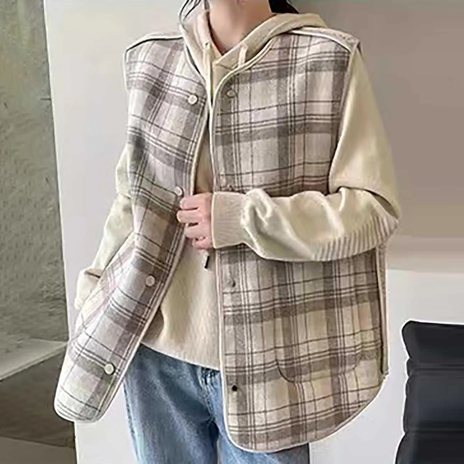 Womens Reversible Plaid Sherpa Vest Fuzzy Fleece Jacket Lightweight Cozy Sleeveless Cardigan Button Up Waistcoat Gilet