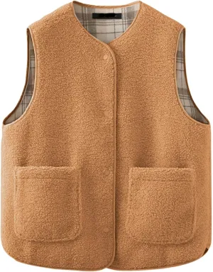 Womens Reversible Plaid Sherpa Vest Fuzzy Fleece Jacket Lightweight Cozy Sleeveless Cardigan Button Up Waistcoat Gilet