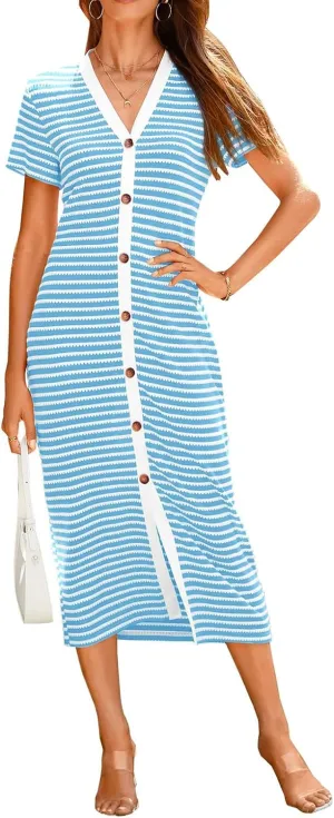 Womens Ribbed Knit Dresses Button Down Striped Midi Dress Short Sleeve Casual Summer Comfy Dresses Vacation Outfits