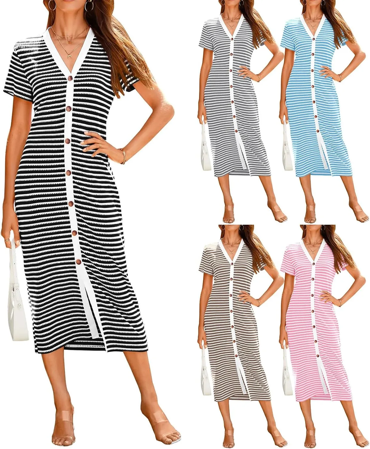 Womens Ribbed Knit Dresses Button Down Striped Midi Dress Short Sleeve Casual Summer Comfy Dresses Vacation Outfits
